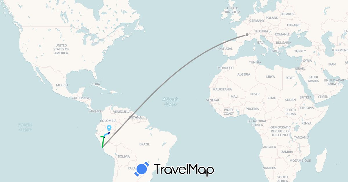 TravelMap itinerary: driving, bus, plane, boat in France, Peru (Europe, South America)
